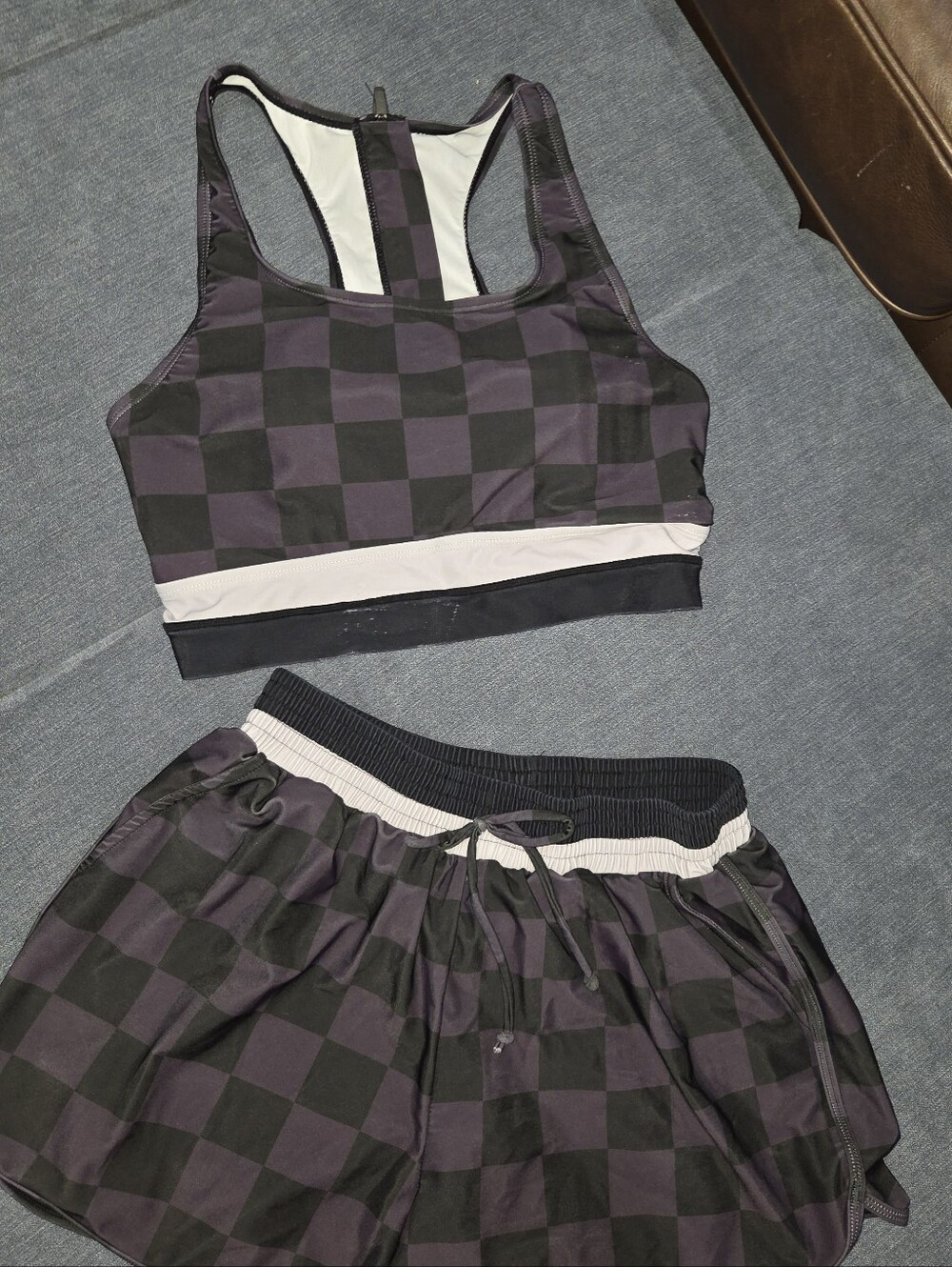 SEAFANCY Checkerboard Sports Bra & Shorts Style Swim Set in Black & Plum